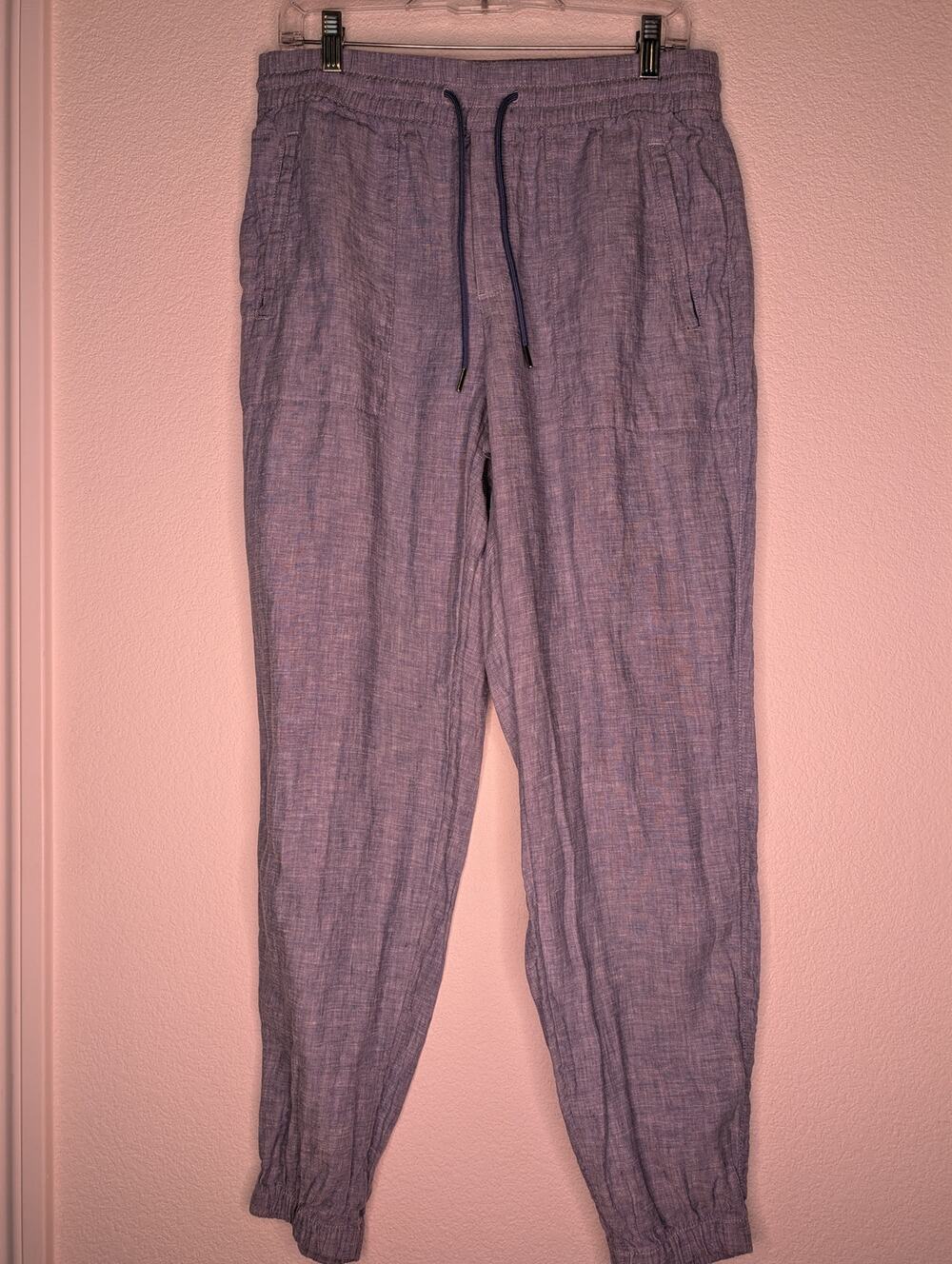 Athleta 100% Linen Blue Jogger Pants 8 Casual Travel Athleisure Europe Chic